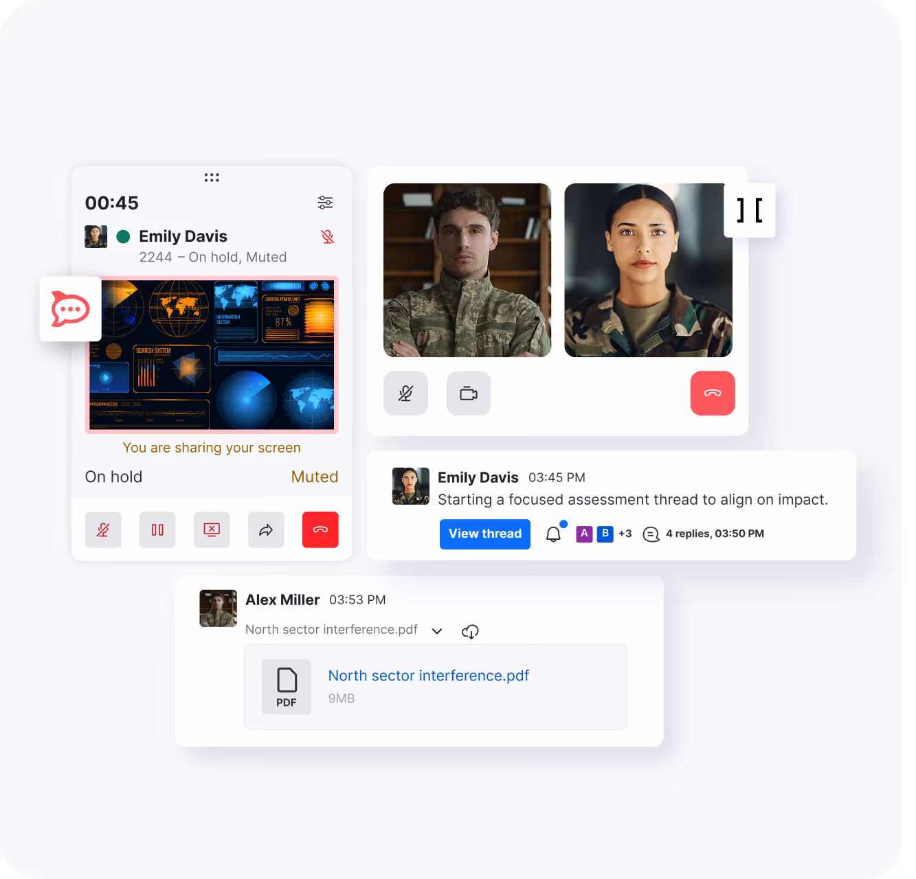 Military personnel video call with screen sharing, a chat thread, and a shared PDF file.