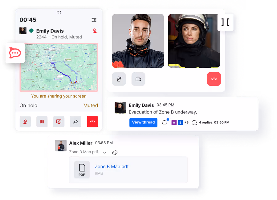 Video call screen showing two emergency responders and a shared map with chat messages about Zone B evacuation.