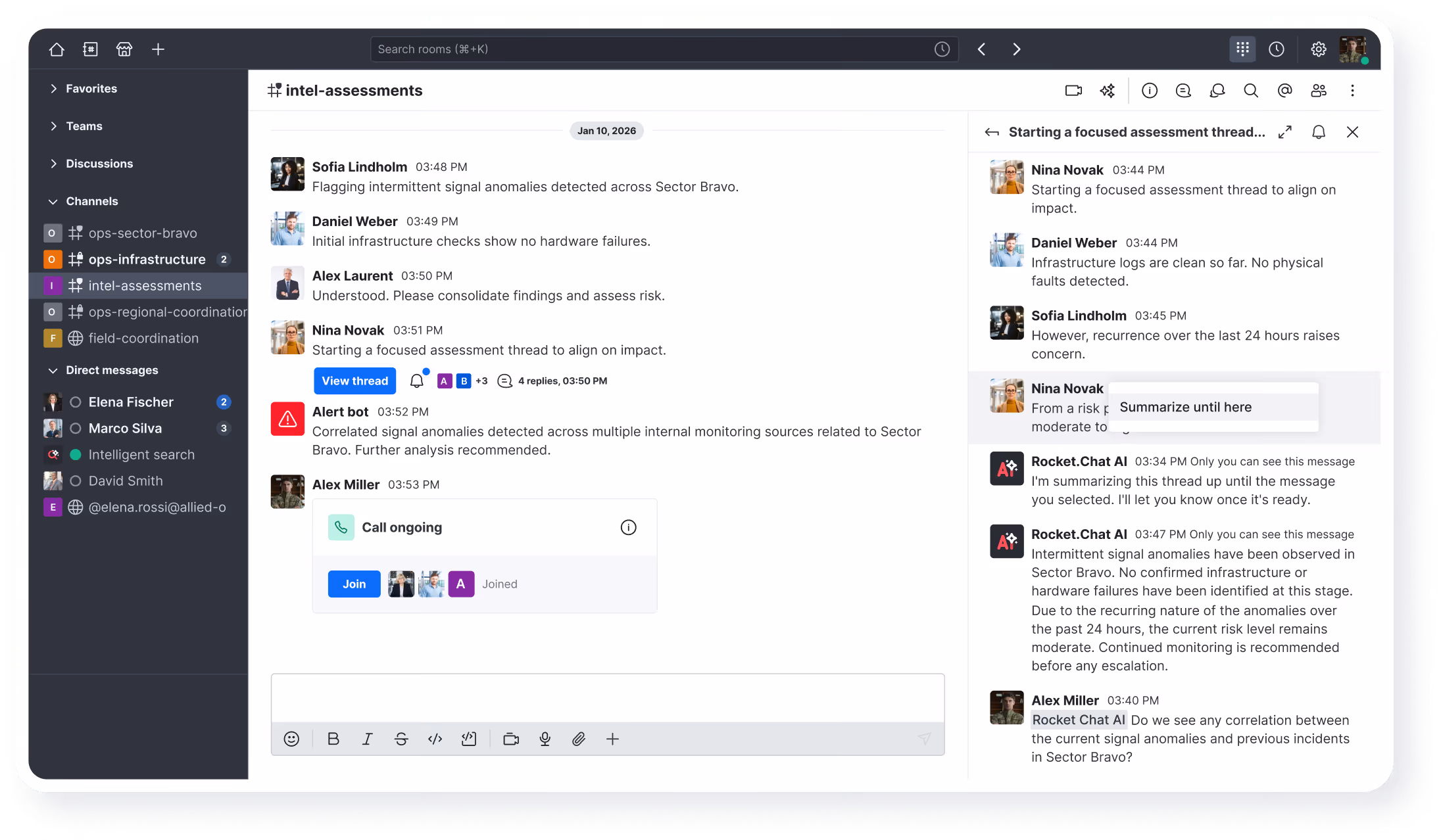 Chat interface showing focused assessment discussion on signal anomalies in Sector Bravo with multiple participants.