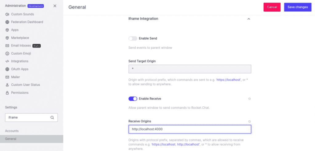 Iframe integration settings to enable receive event commands