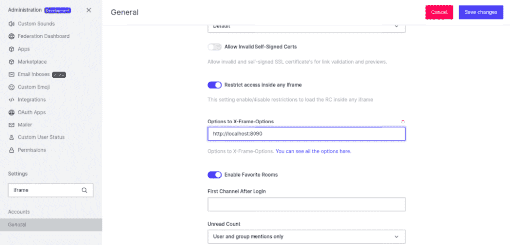 X-Frame-Options settings in General to restrict iframe load