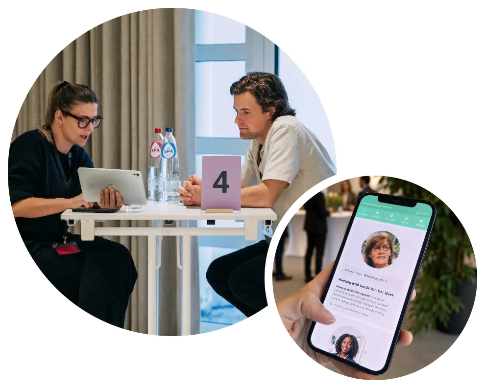 Two event participants meeting at a numbered table. In the corner, a phone showing the Conversation Starter app.