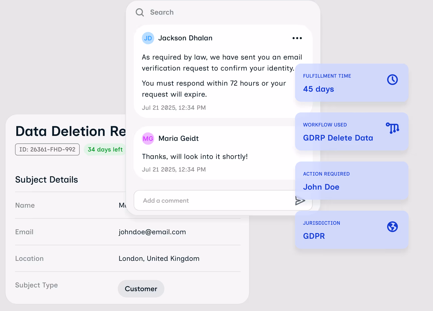 data subject request example on Ketch's privacy management software
