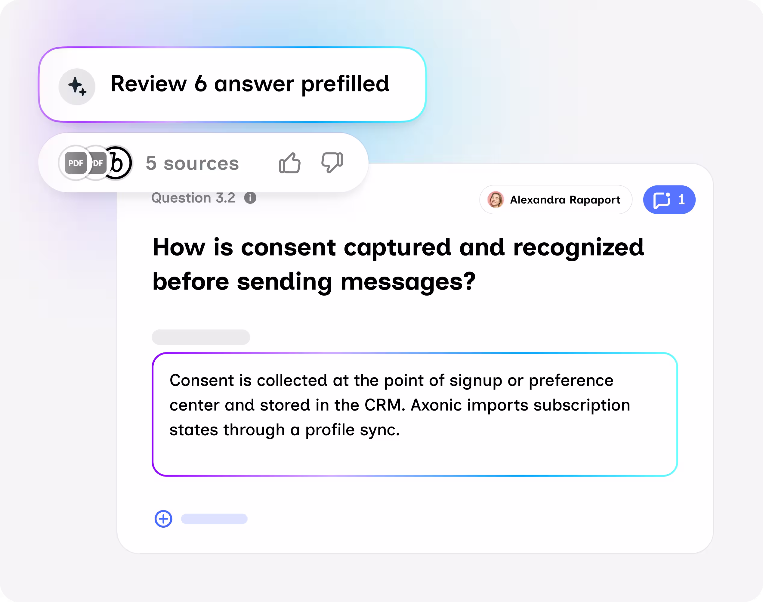 A screenshot of Ketch AI agent prefilling an answer in assessments based on available sources
