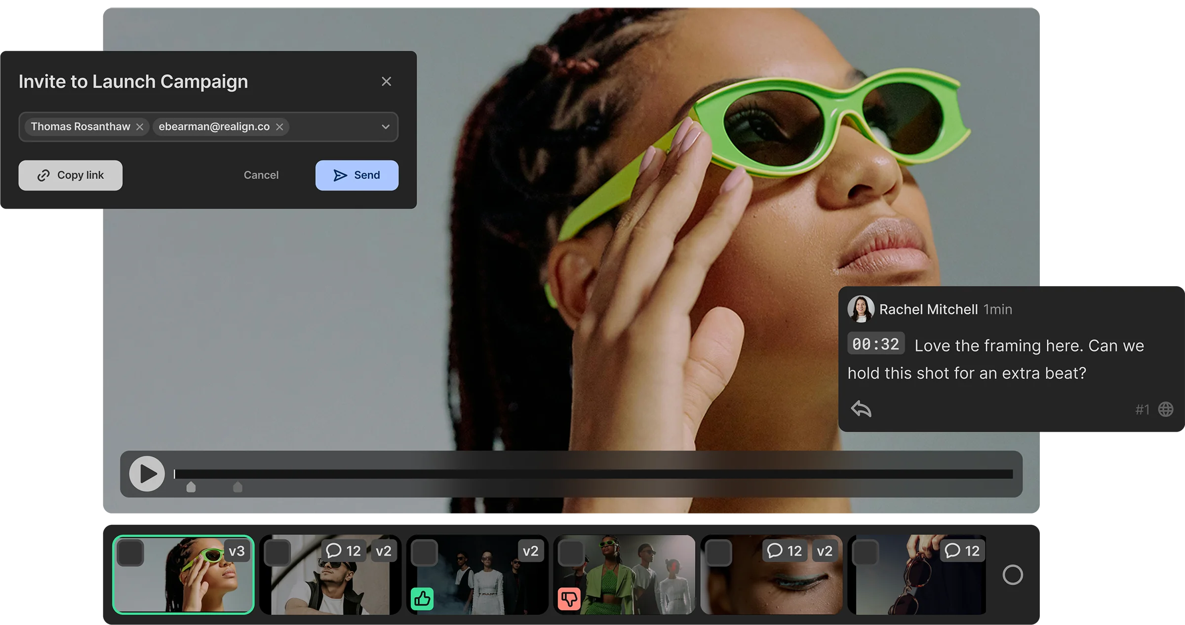 collage of UI images that showcase how easy it is to collaborate in Iconik