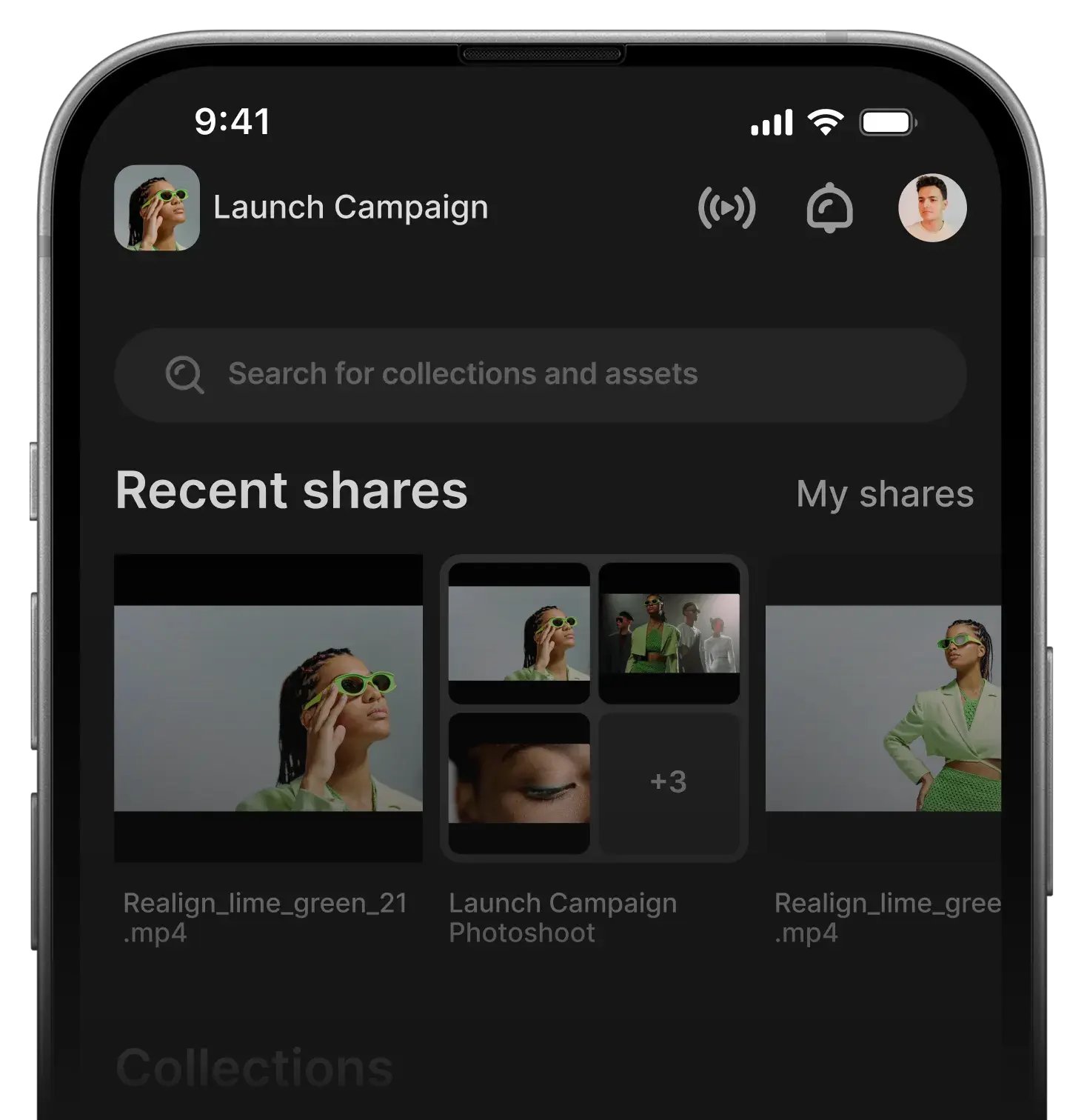 image of Iconik UI on iOS, where users can view recent shares and all assets on the go