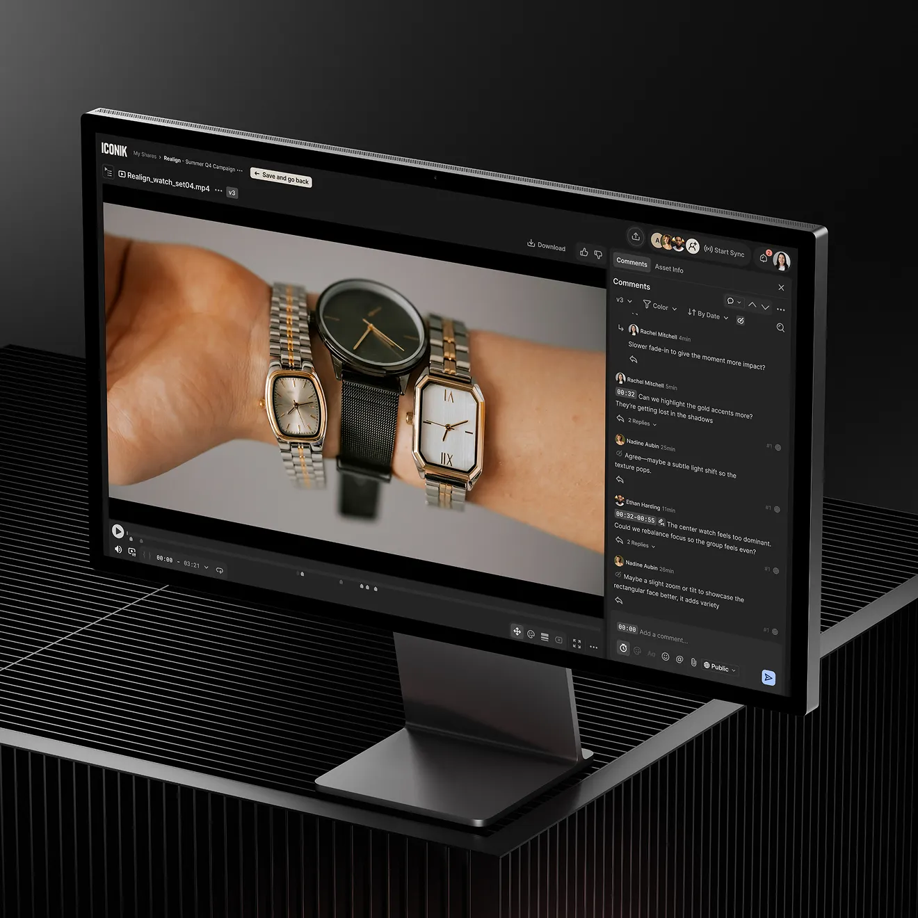 photo of Iconik UI on a computer screen, showcasing high-quality image review with comments from shared team members