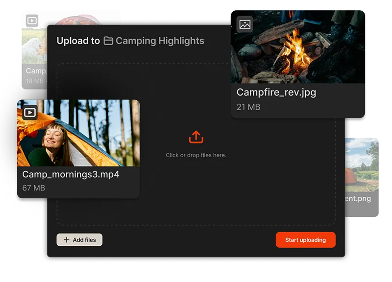 File upload interface showing drag and drop area for camping media files including a campfire photo, a woman in a tent video, and camping tent images.