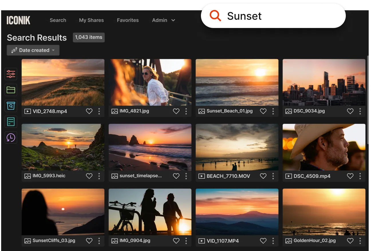 Digital asset management interface showing search results for 'Sunset' with thumbnails of sunset landscapes, people, and videos.