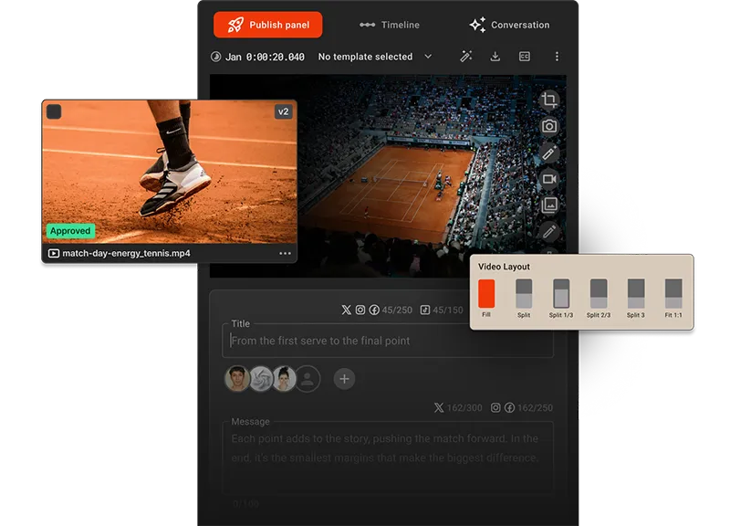 Video editing interface showing a clay tennis court scene with player’s foot in mid-air, video layout options, and text input fields with user icons.