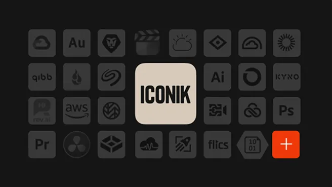A grid of app icons on a dark background with a highlighted beige square in the center displaying the word ICONIK in bold black letters and a red plus icon on the bottom right.