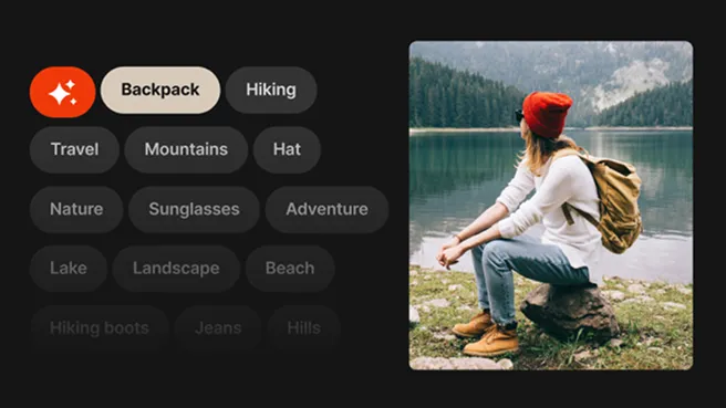 Person wearing a red beanie and backpack sitting on a rock by a lake with mountains and trees in the background, with tagged keywords like Backpack, Hiking, Travel, Mountains, and Nature displayed on the left.