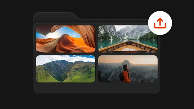 Dark folder icon containing four landscape photos with an upload arrow icon in the top right corner.