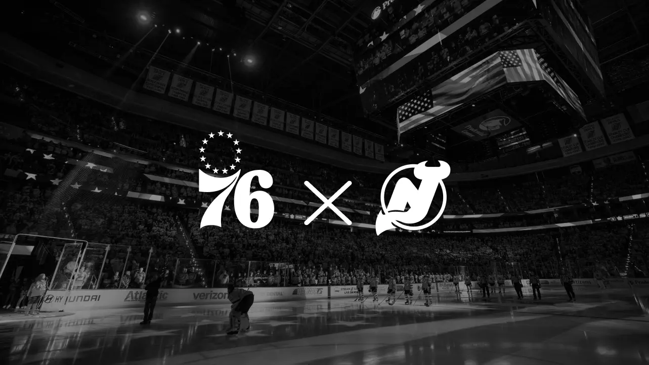 Logos of the Philadelphia 76ers and New Jersey Devils superimposed over an ice hockey arena scene.
