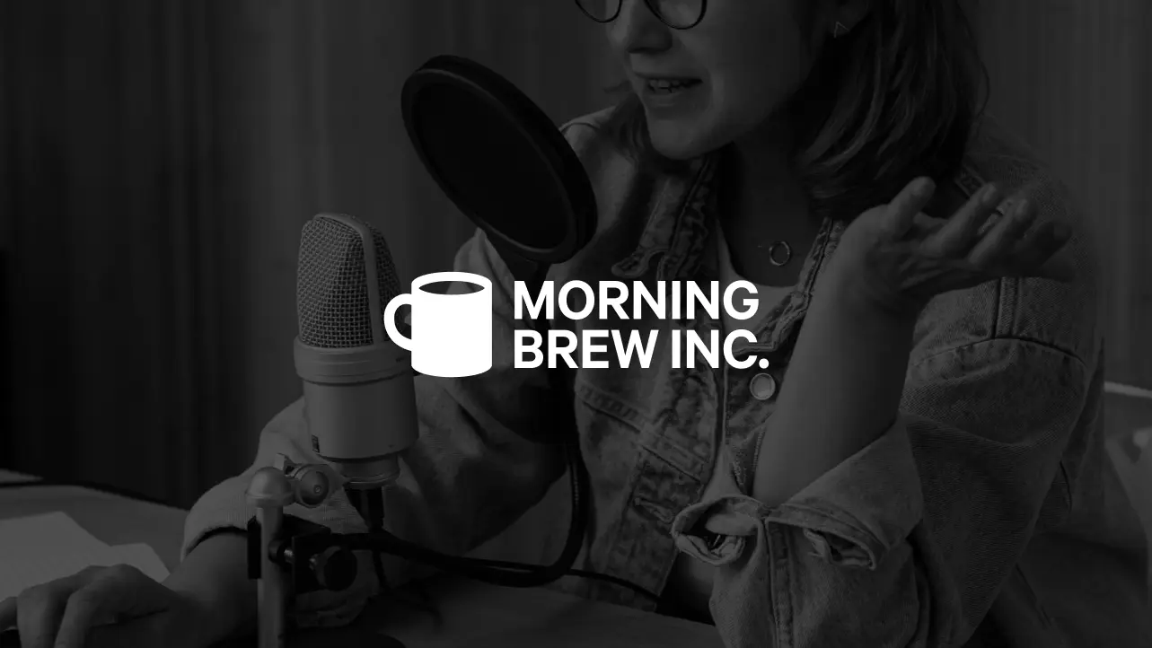 Person speaking into a microphone with Morning Brew Inc. logo featuring a coffee cup overlay.