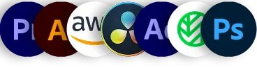 Row of circular icons for popular software including Premiere Pro, After Effects, AWS, DaVinci Resolve, Adobe Acrobat, Canva, and Photoshop.
