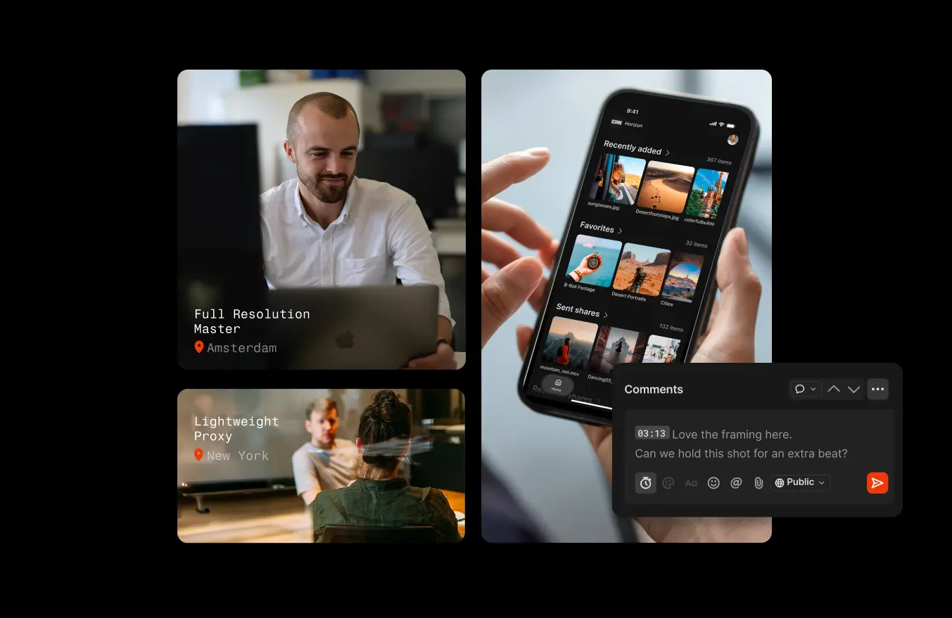 collage of images showcasing Iconik's collaboration and review functionality