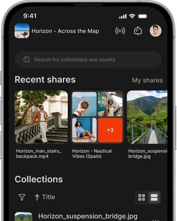 Mobile app screen showing 'Recent shares' with thumbnails of a man on stairs, a nautical theme collage, and a suspension bridge in green mountains.