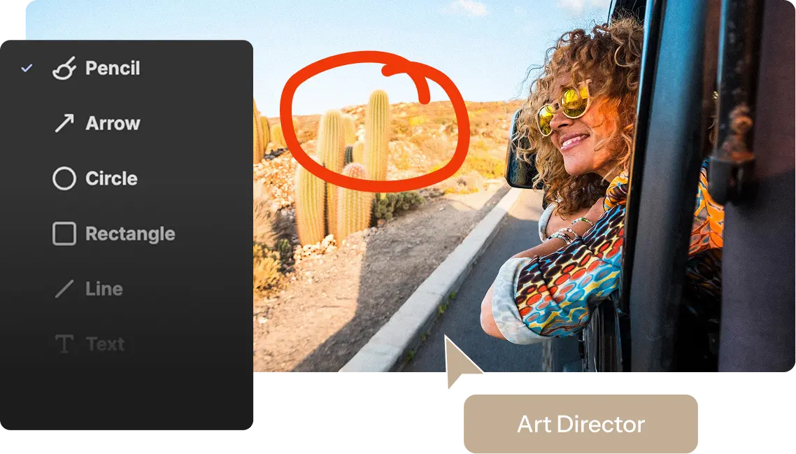 Woman wearing sunglasses and a colorful shirt leaning out of a car window, with desert cacti and a red circle annotation visible on the landscape.