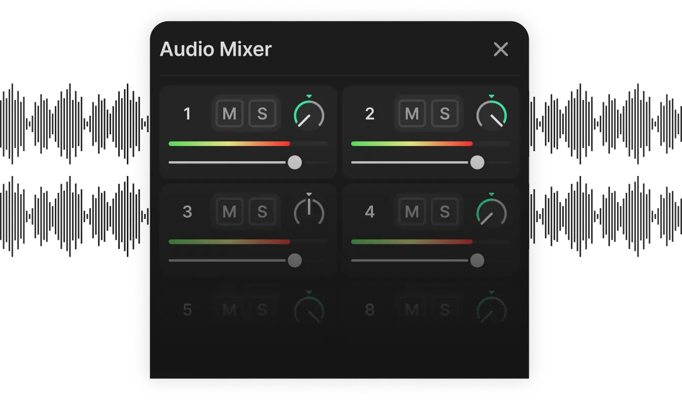 Audio mixer interface with four channels displaying volume sliders, mute and solo buttons, and pan knobs.