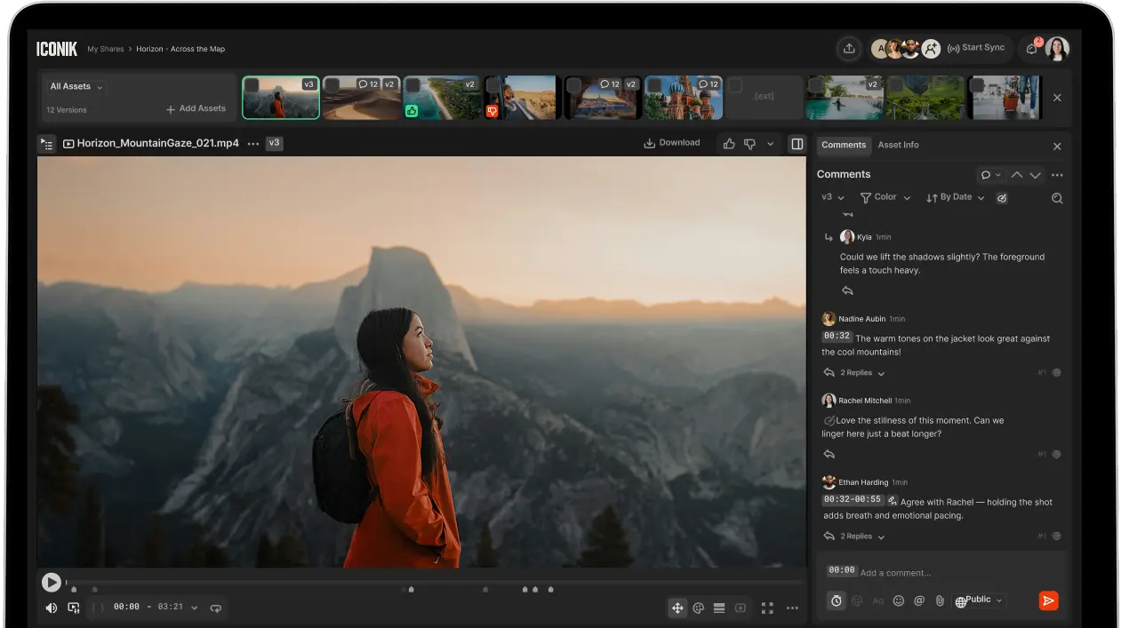 Video editing interface showing a woman in a red jacket with backpack overlooking a mountain landscape at sunset, with comments on the right side.