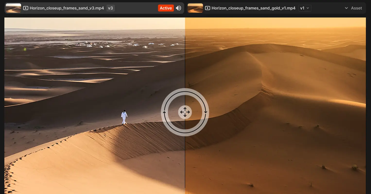 Side-by-side comparison of a desert landscape with sand dunes and a person walking on the ridge, showing natural lighting on left and a warm golden filter on right.