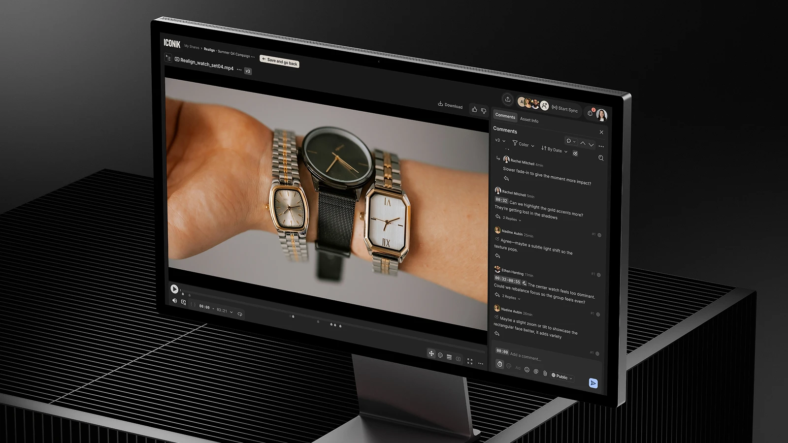 Computer screen showing wrist with three different styled watches in a video with comments on the right side.