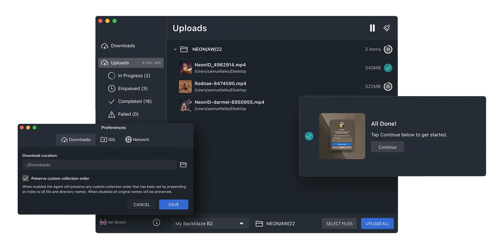 Dark-themed file uploader interface showing upload progress, completed files, and download preferences.