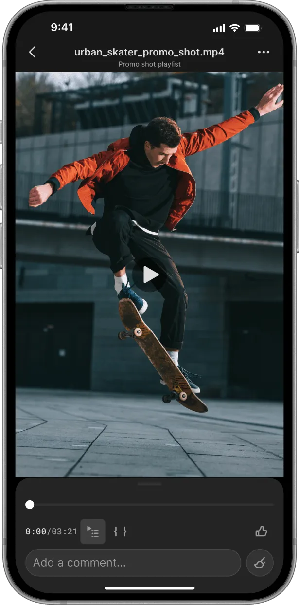 Iconik iOS app on iPhone showing a video player with frame review and commenting tools.