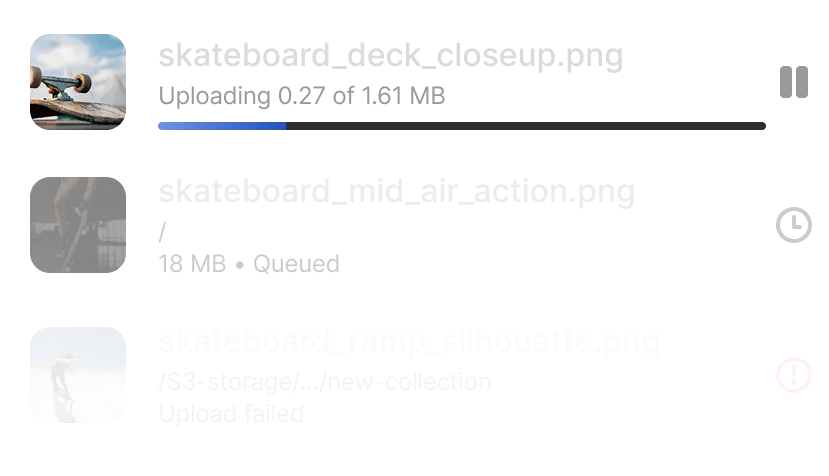 Upload queue showing media files being uploaded to cloud storage from the Iconik iOS app.