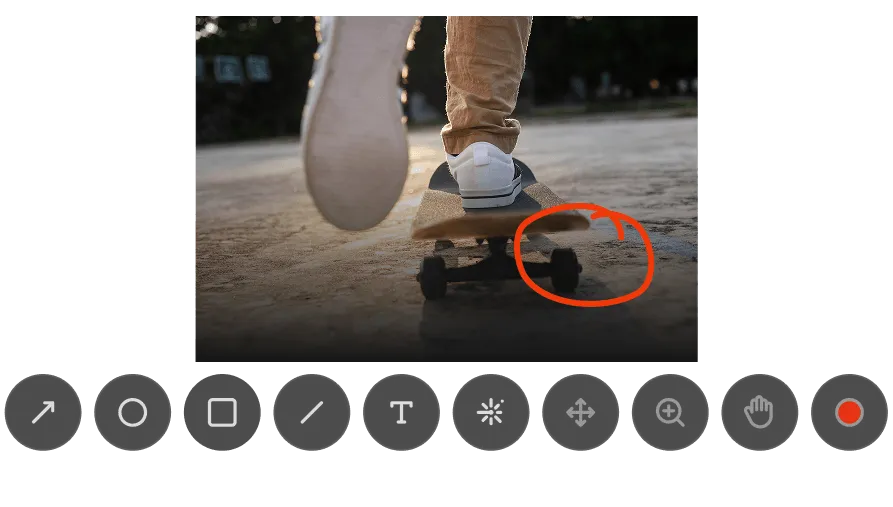 Video annotation interface showing a skateboard frame with a red circle markup and drawing tools for frame-accurate feedback.
