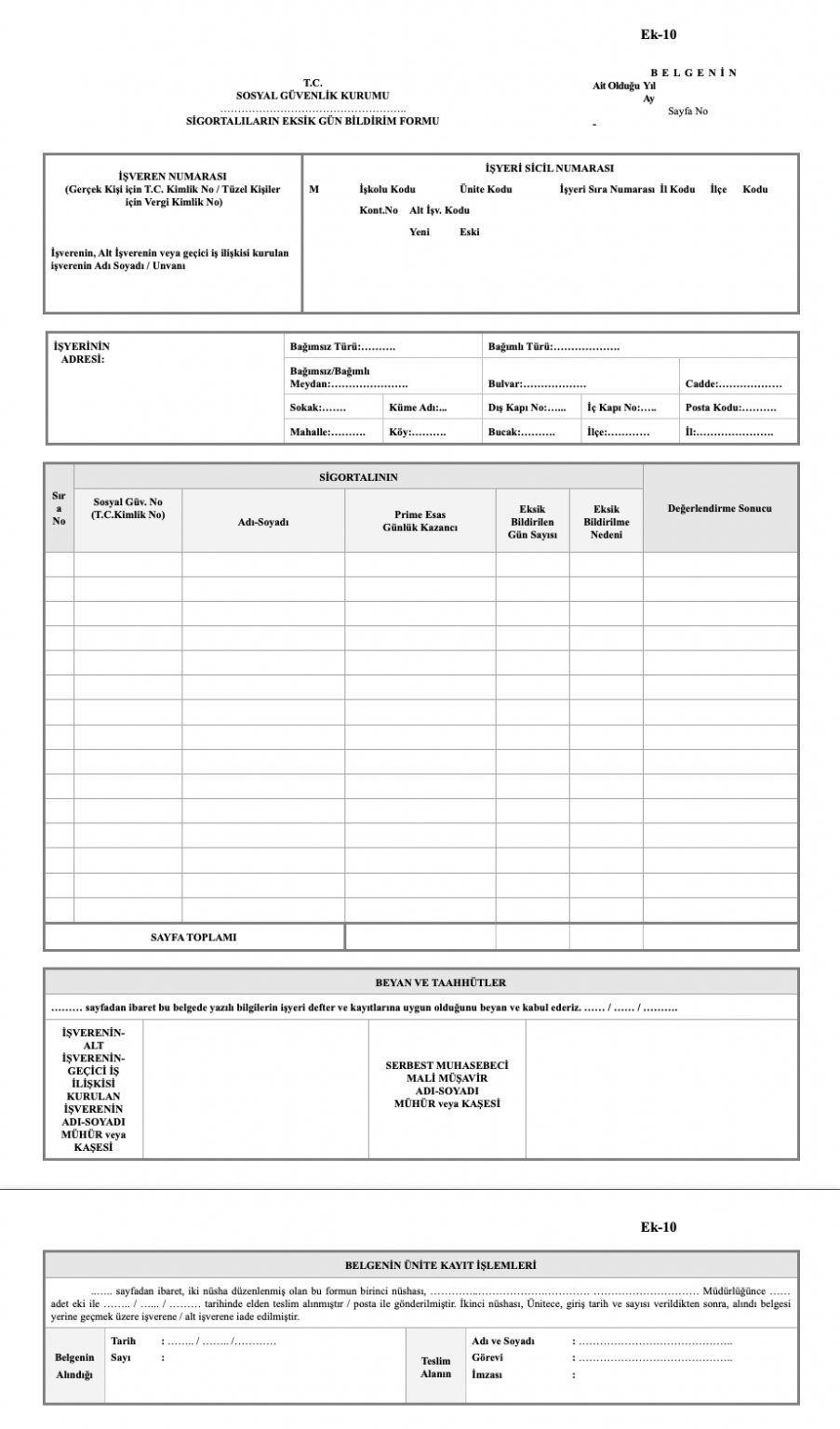 SGK eksik gün bildirim formu