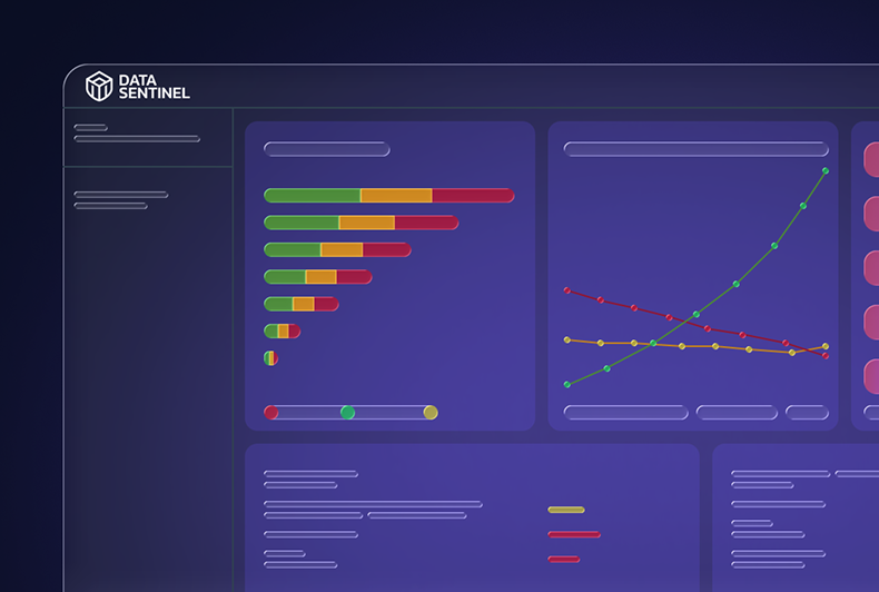 Dashboard interface with bar and line charts in green, yellow, and red on a dark blue background.
