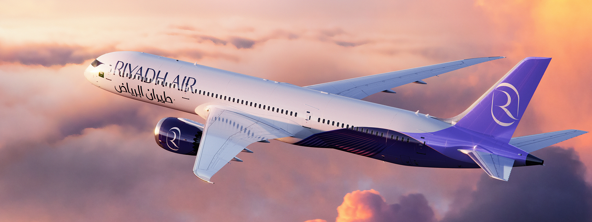 Riyadh Air aircraft flying above the clouds at sunset