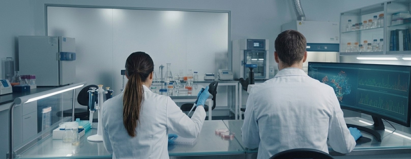 Two scientists working at lab benches and a data dashboard in a biotech laboratory
