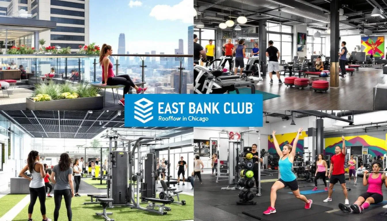 The East Bank Club featuring its rooftop restaurant and fitness areas.