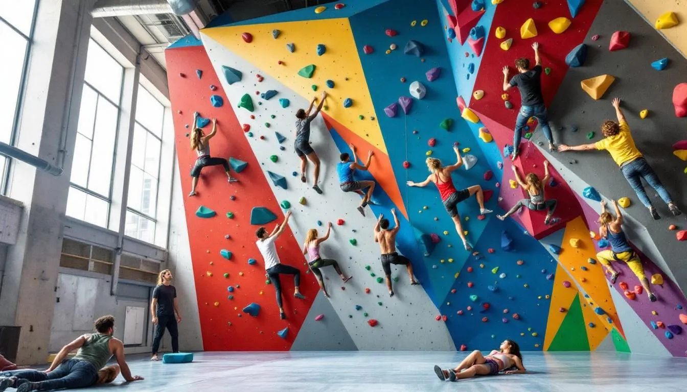 Climbers at First Ascent Climbing & Fitness working on a climbing wall.