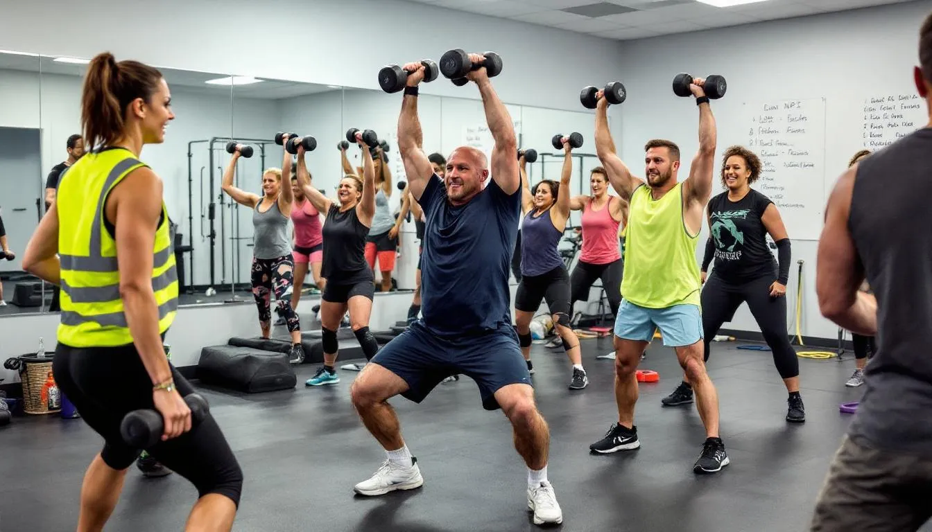 A vibrant fitness group class is taking place in a training studio at Ravenswood Fitness Center in Chicago, IL, where participants are energetically performing squats with dumbbells held at shoulder height, transitioning into overhead presses. The diverse group, led by an encouraging instructor, showcases a friendly atmosphere, emphasizing wellness and the importance of staying healthy in Chicago's neighborhood fitness centers.