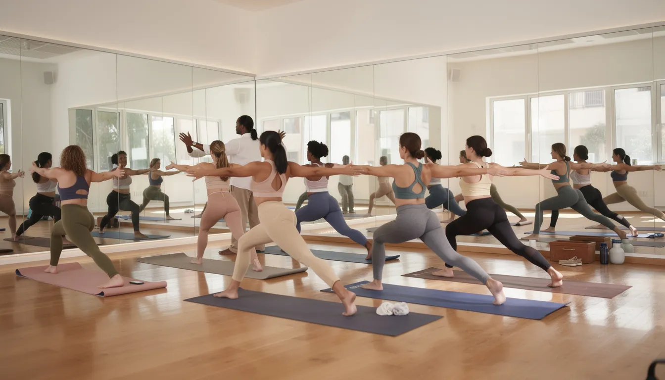 A yoga class is in session on hardwood floors, surrounded by mirrors, with a majority of women participating. The atmosphere is focused and supportive, catering to various fitness levels as they engage in their wellness journey together.
