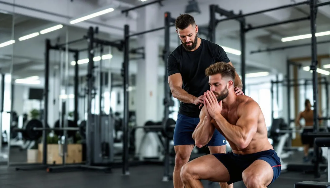 A certified personal trainer demonstrates proper form to a client during a personal training session in a modern gym, highlighting the importance of correct techniques for achieving fitness goals and injury prevention. The trainer provides guidance to support the client's fitness journey, ensuring an effective workout experience.