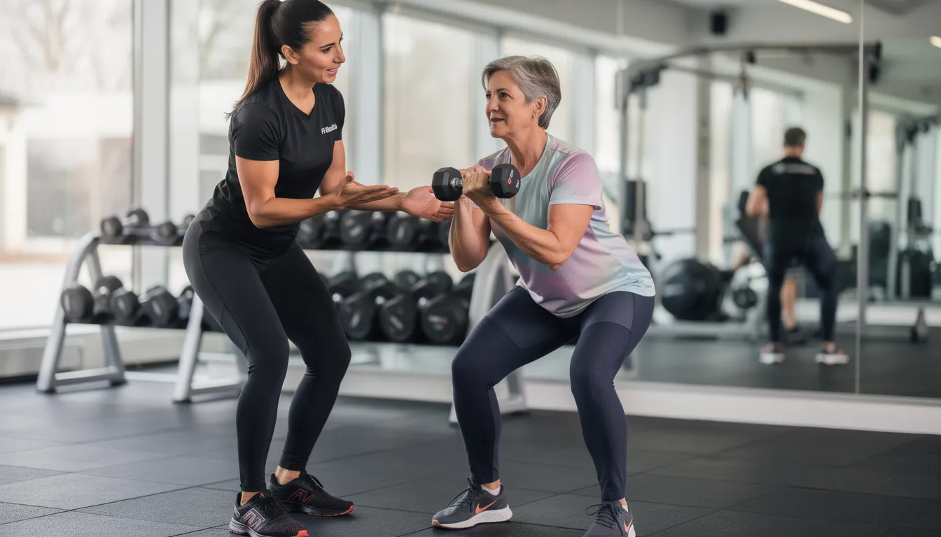 A female personal trainer, wearing a black t-shirt with "Fit Results" printed in white on the left chest pocket, is instructing a European client in her mid-50s on how to perform a proper squat while holding a dumbbell. This personal training session focuses on correct form to help the client achieve her fitness goals and enhance her strength training journey.
