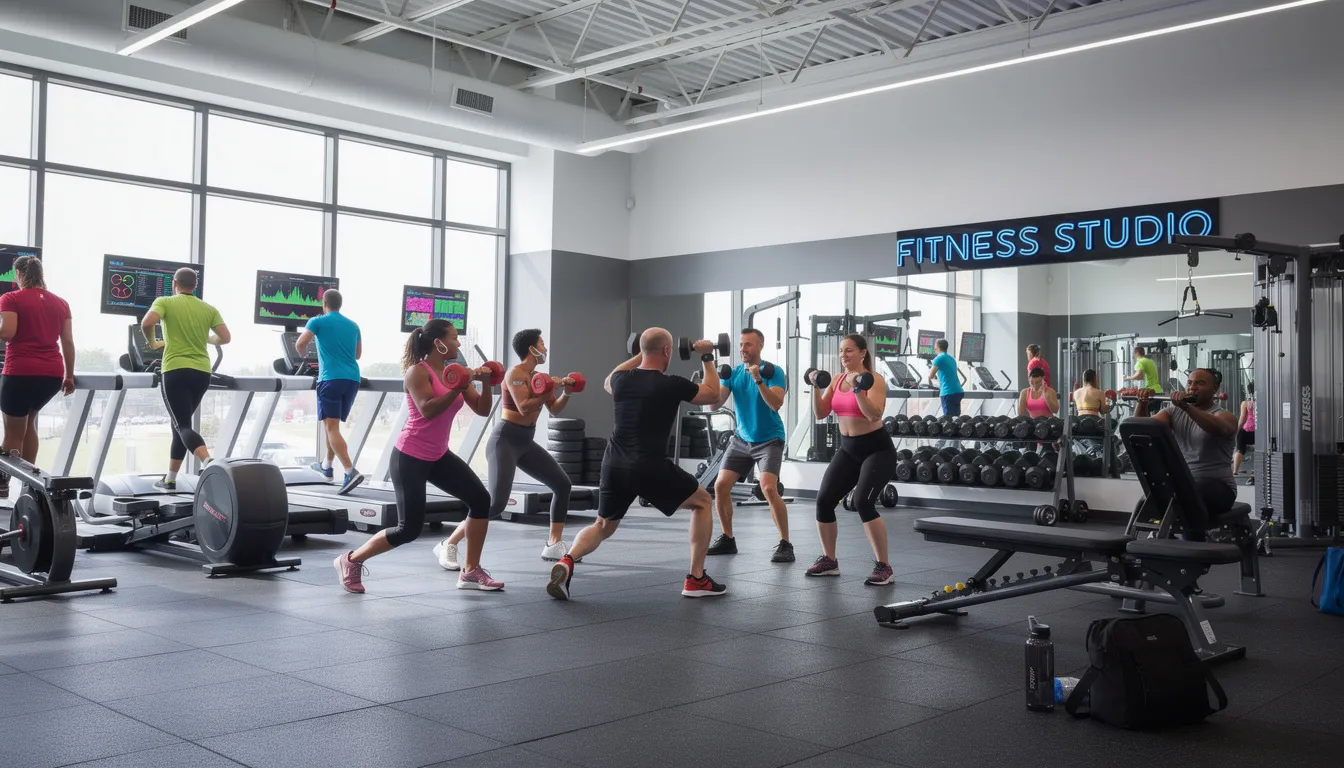The image shows a diverse group of people exercising together in a modern fitness center, surrounded by various cardio equipment and strength training tools like free weights and resistance machines. This vibrant scene reflects an active lifestyle, as participants work towards their fitness goals, supported by fitness professionals and enjoying a full body workout in a community atmosphere.