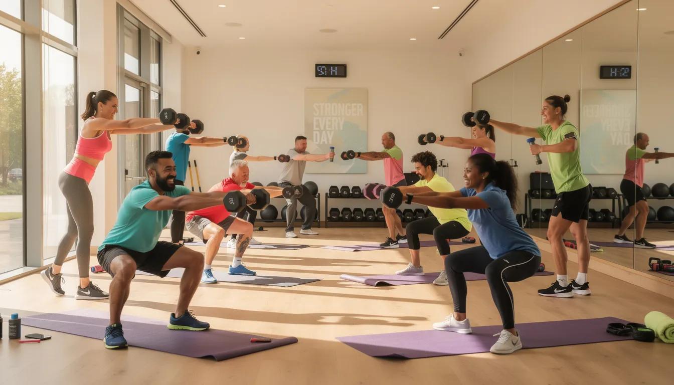 The image depicts a diverse group of people engaging in a high energy fitness class within a modern studio, showcasing various fitness levels and exercises. Participants are enjoying a full body workout that emphasizes both physical and mental health, embodying the spirit of a supportive fitness community.