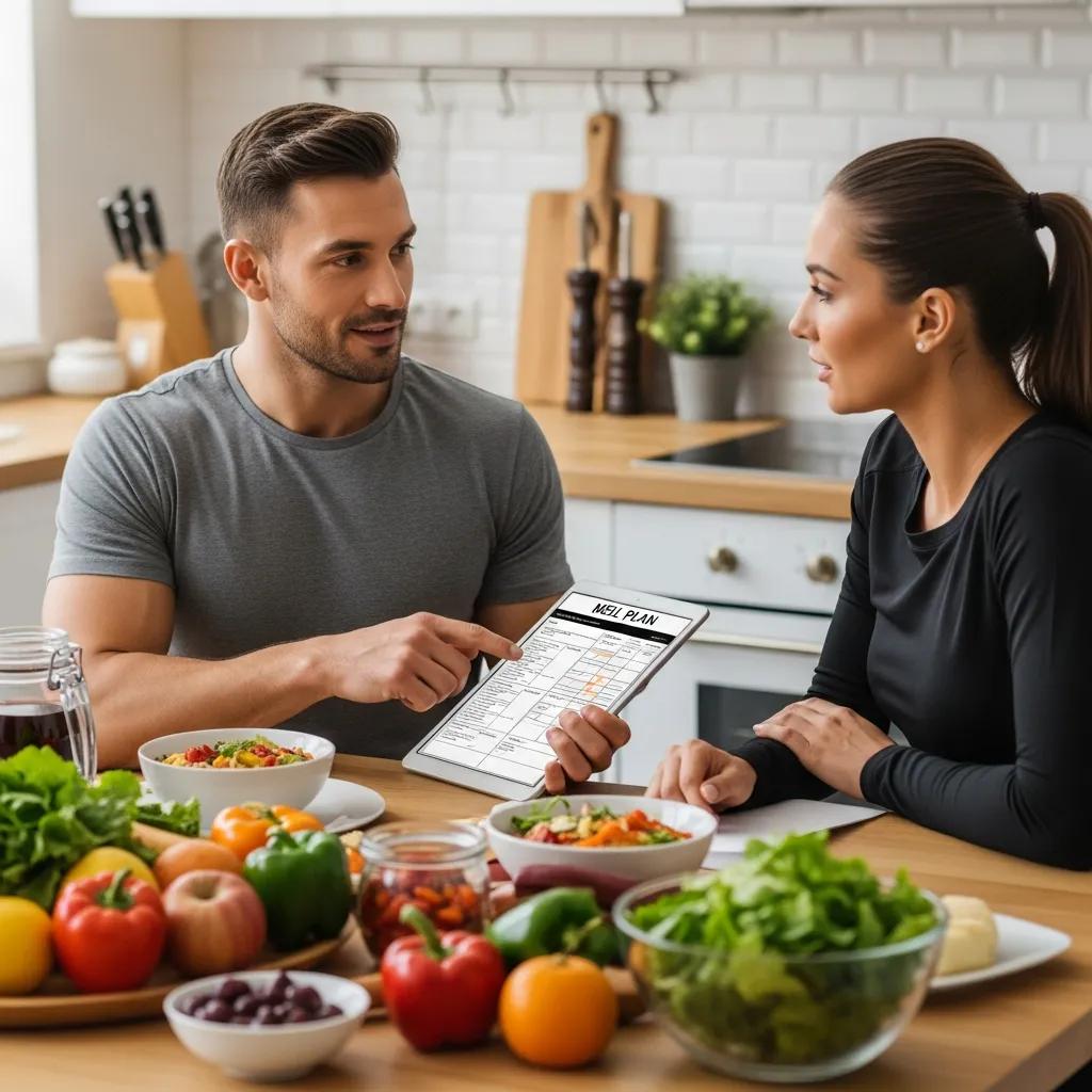 Nutrition coach reviewing a meal framework with a client — connecting food and training for better results