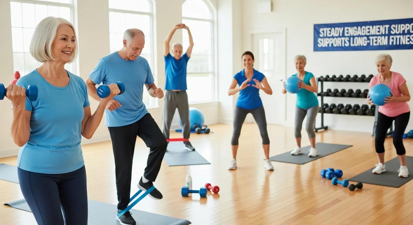 Older adults working out together in a class — steady engagement supports long-term fitness