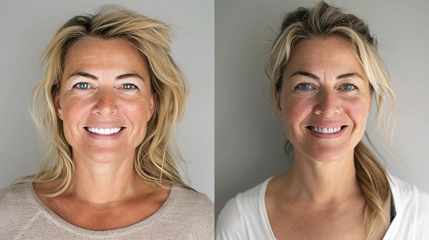 Before and after female 40 and over client. Client was looking tired and now she is smiling and more energized