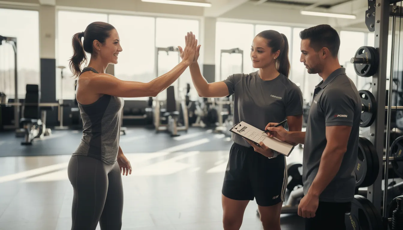 A personal trainer giving a client a high five in a vibrant Fit Results environment, showcasing their positive interaction during a personal training session. 