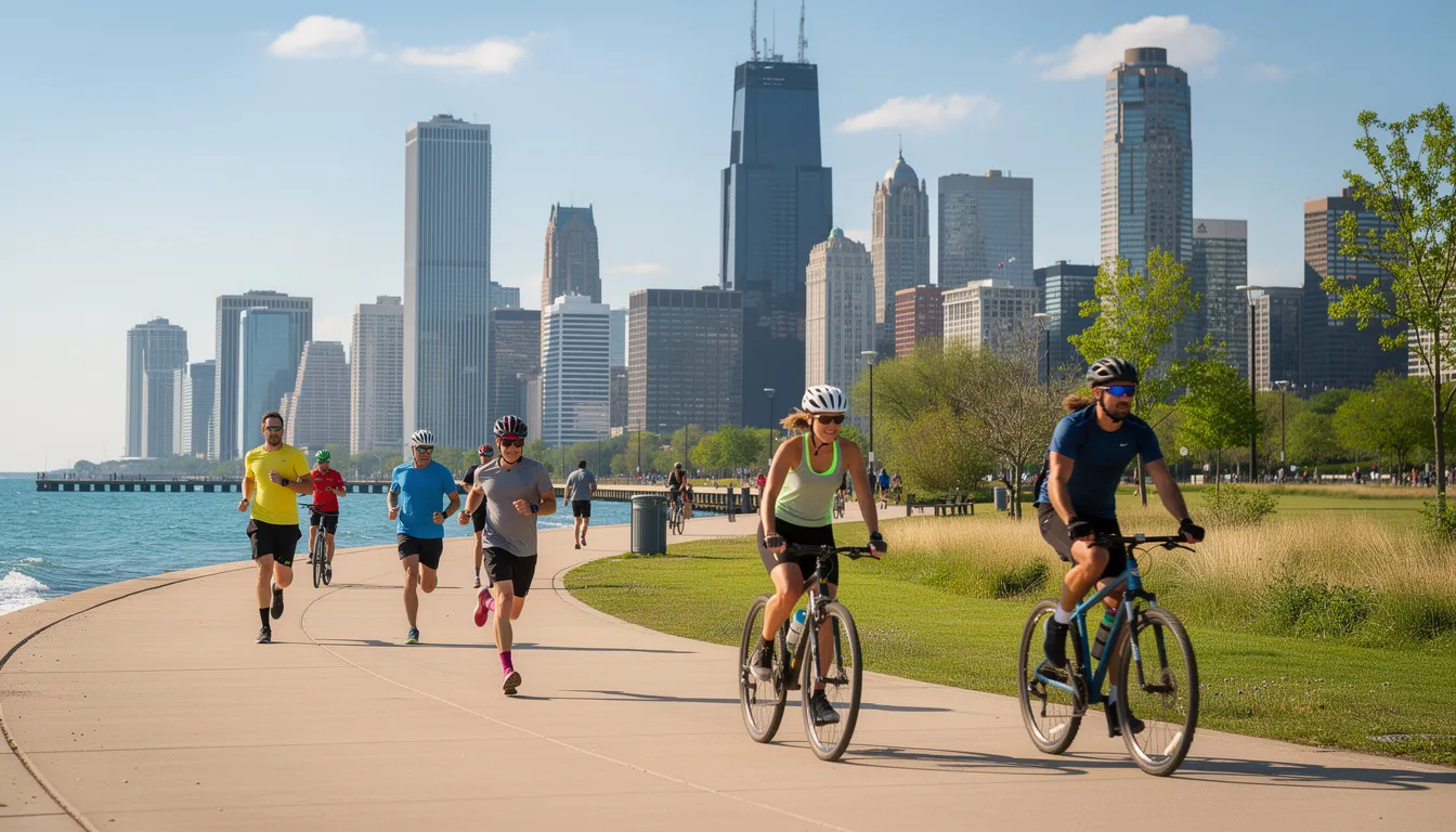 The image depicts the vibrant Chicago skyline in the background, with a diverse group of people engaging in outdoor activities such as running and cycling, showcasing a community focused on fitness and health. This scene represents a dynamic atmosphere that encourages individuals on their personal training journey towards achieving their fitness goals.