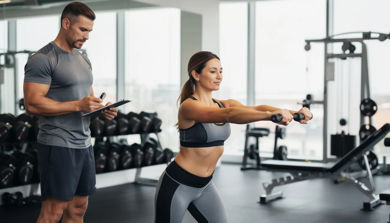 The image depicts a certified personal trainer in a crommercial gym, actively guiding a client through a taining session focused on fitness goals. The trainer demonstrates proper form while providing expert guidance, emphasizing the importance of personalized workout plans in achieving effective results.
