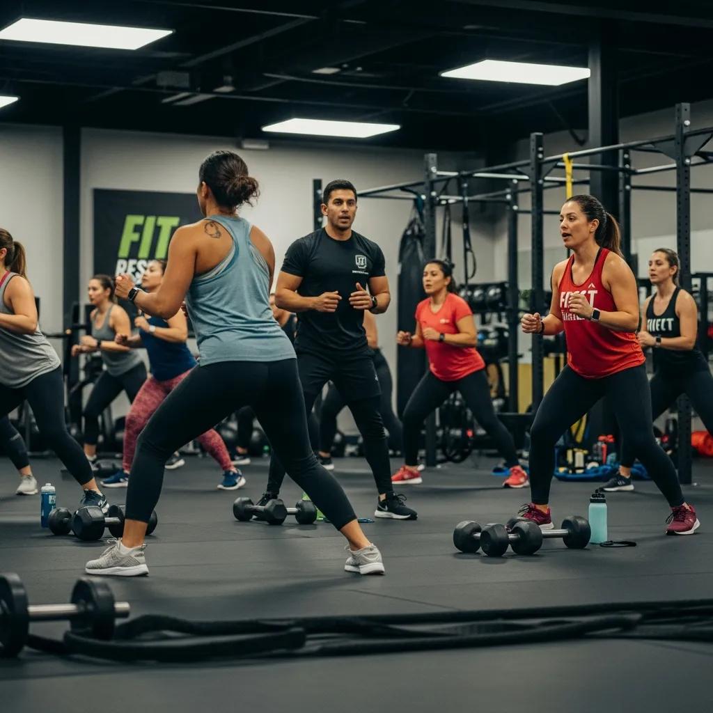 Energetic HIIT class at Fit Results Chicago with participants working under instructor guidance